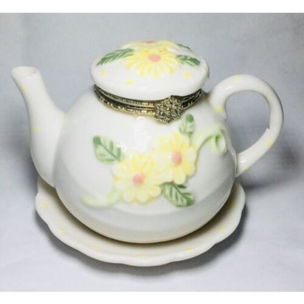 Vintage Teapot Daisies with Yellow Polka Dots Hinged Trinket Box